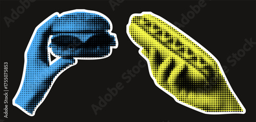 A hands collages outline sticker and transparent burger for fast food or a retro pop art and punk design.