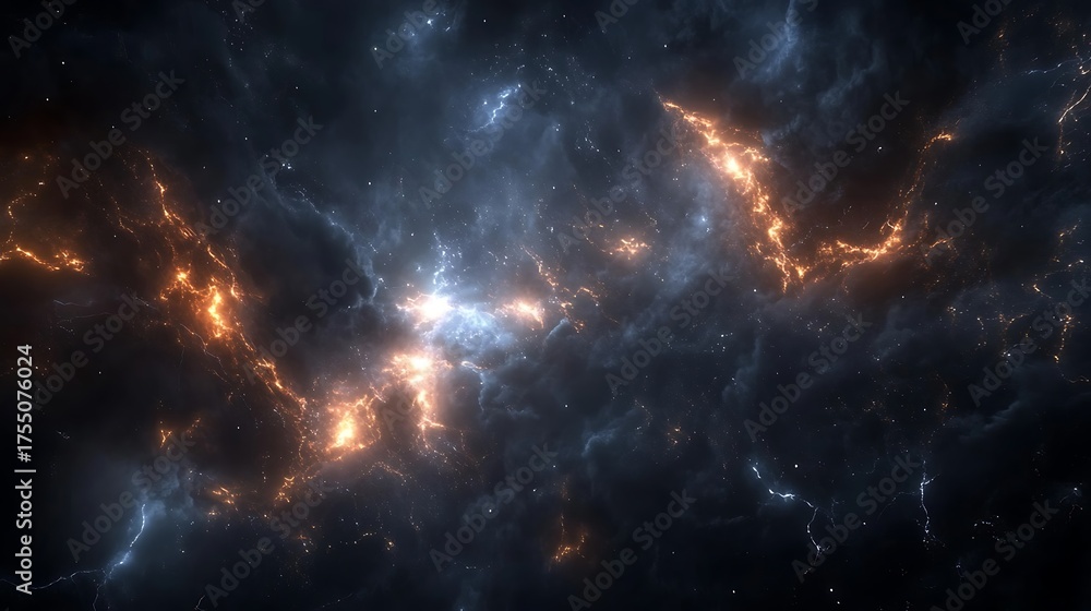 Naklejka premium Cosmic nebula with vibrant orange and blue hues swirling through the vast expanse of space, creating a mesmerizing and ethereal celestial scene