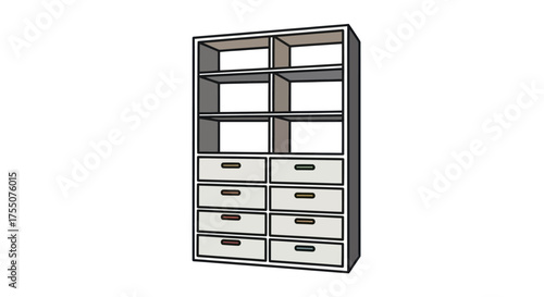 Modern Gray Storage Cabinet with Open Shelves and Multiple Drawers Line Art.