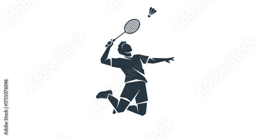 Badminton Player Mid-Air Hitting Shuttlecock with Racket.