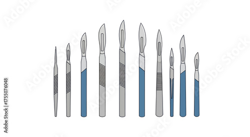Diverse collection of surgical scalpels and medical knives with various blade shapes.