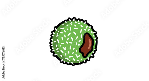 Illustrated green sweet dessert ball with a chocolate filling and a spiky sprinkle coating.