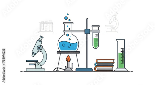 A colorful line art illustration of a science laboratory experiment with a microscope flask and Bunsen burner.