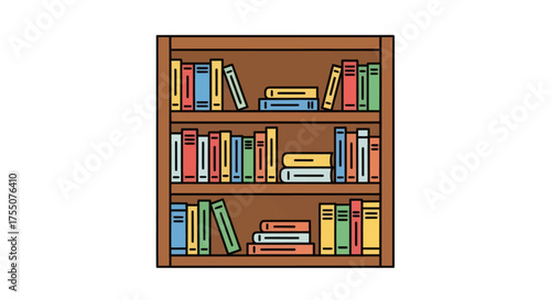 Bookshelf filled with colorful books on three shelves organized and neatly arranged.