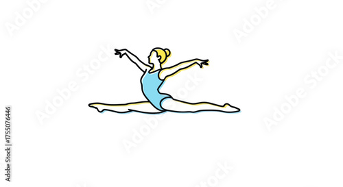 Stylized female gymnast with blonde hair in a blue leotard doing the splits.