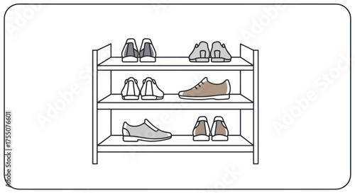 Three-tier shoe rack with various footwear neatly organized on shelves.