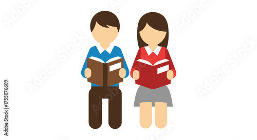 Flat Design Cartoon Boy and Girl Reading Books.