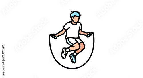 A simple line art illustration of a boy with blue hair actively jumping with a skipping rope.