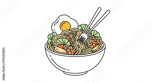 Hand-drawn line art illustration of an Asian noodle bowl with a fried egg and utensils.