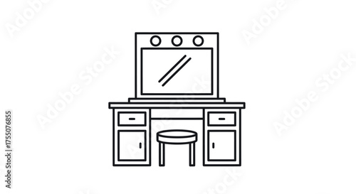 Elegant line art vanity table with illuminated mirror and matching stool.