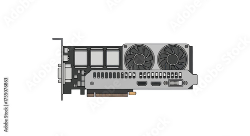 Modern computer graphics card with dual cooling fans and various display ports.