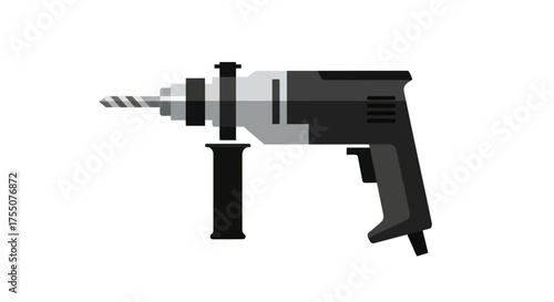 A black and grey electric power drill with a side handle and drill bit depicted in a flat vector style.