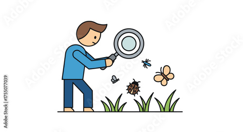 A cartoon character with a magnifying glass observing insects and a butterfly in the grass.