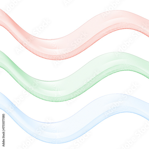 Three abstract parallel wavy lines of red, green, and blue colors. Eps 10