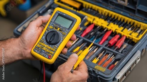 Technician measures electrical voltage using a yellow digital multimeter