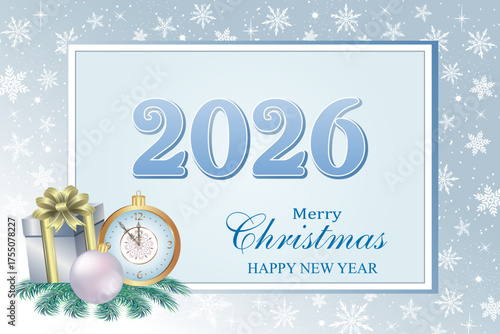 New Year banner with congratulatory text and decoration.Vector illustration with New Year text and numbers in a frame on a colored background with snowflakes.