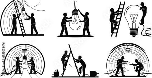 Building demolition and wrecking crew silhouette set using jackhammers, wrecking balls, and sledgehammers to tear down structures, black vector illustration for construction.