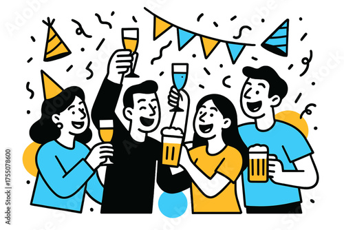Festive Friends Cheers. Birthday Party Friends. Group of friends raising glasses with confetti around, smiling and laughing. Floating party hats and banners