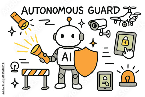 Security AI Illustration. Autonomous Guard. Hand-drawn doodle illustration AI robot (colored), flashlight (colored), shield, security camera (colored),