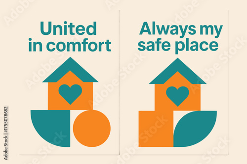 Comfort and Safety. United in comfort. Two vertical A6 banners with safe margins, centered composition, no elements touching edges, geometric, turquoise and