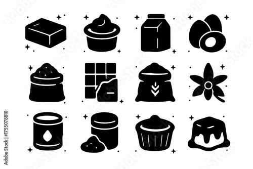 Baking Ingredients Icons. Baking Ingredients. Solid icons set of Baking Ingredients: butter, cream, milk, eggs, sugar, chocolate, flour, vanilla, condensed