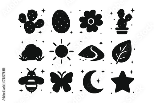 Prickly Pear Icons. Prickly pear. Solid icons set of Prickly pear: cactus pads, cactus fruit, blossom, cactus in pot, desert rock, sun, sand dune, leaf, bee,