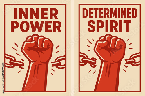 Power and Determination. Strength. Two vertical A6 banners with safe margins, centered composition, no elements touching edges, bold style, red and beige,