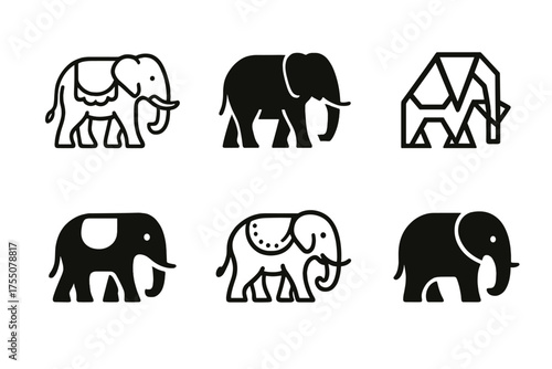 Elephant Logo Variations. Elephant Performance. Set Logo of Elephant Performance: elephant with decorative blanket. harmonious logo variations of the same