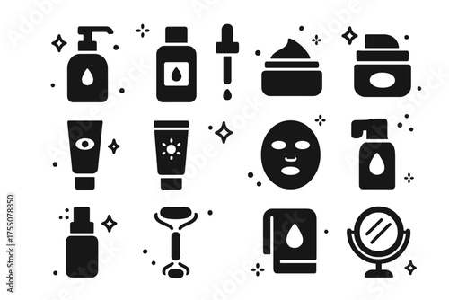Skin Care Icons. Skin care before makeup. Solid icons set of Skin care before makeup: cleanser bottle, toner bottle, serum dropper, moisturizer jar, eye cream