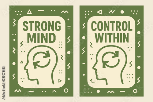 Mindful Banners Design. Inspiration. Two vertical A6 banners with safe margins, centered composition, no elements touching edges, memphis style, olive green