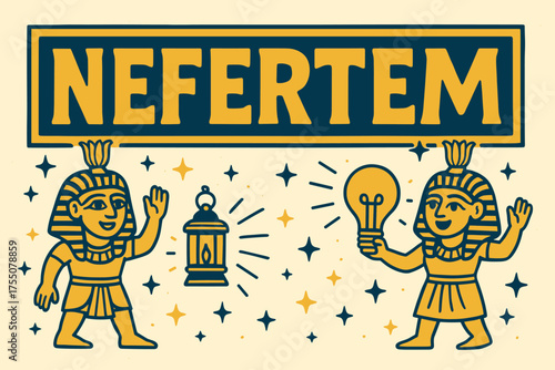 Nefertem Banner Design. Ancient Nefertem banner, flat vector illustration, bold oversized text inside rectangular frame, cartoon characters standing and