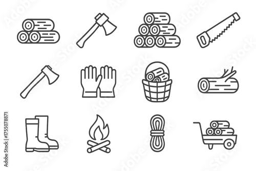Rustic Firewood Icons. Rustic firewood collection. Line icon set of Rustic firewood collection: log pile, axe, firewood stack, saw, hatchet, gloves, basket,