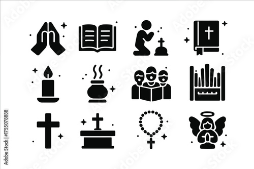 Christian Worship Icons. Christian Worship. Solid icons set of Christian Worship: praying hands, open Bible, kneeling figure, hymn book, candle, incense,