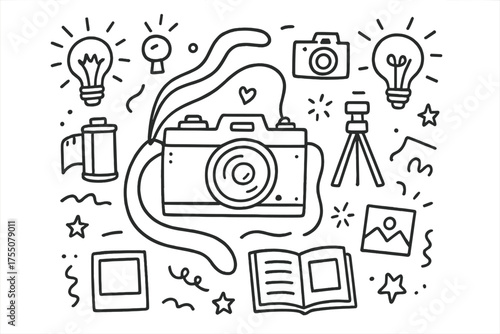 Retro Camera Doodles. Retro Camera. Hand-drawn doodle illustration Retro Camera vintage camera film roll lens flash tripod viewfinder strap photo album light