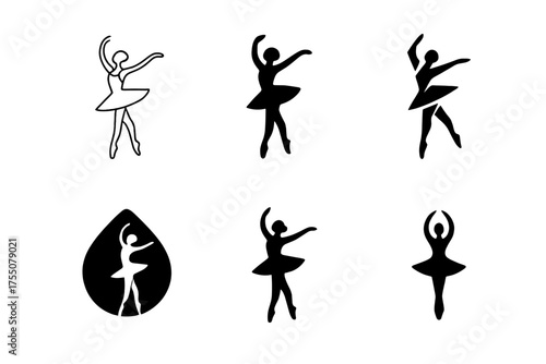 Ballet Logo Variations. Ballet and Classical Dance. Set Logo of Ballet and Classical Dance: ballerina silhouette en pointe. harmonious logo variations of the
