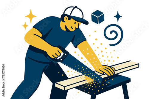 Carpenter's Sparkling Craft. Sawdust. Glowing carpenter sawing wood plank as golden dust particles scatter around. Floating icons of sparkle, cube, and swirl