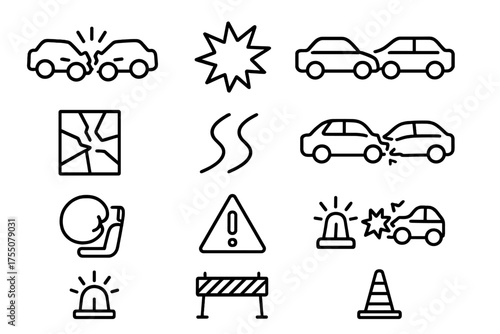 Car Crash Icons. Crash scenario. Line icon set of Crash scenario: car crash, impact explosion, two cars, broken glass, skid marks, crumpled vehicle, airbag,
