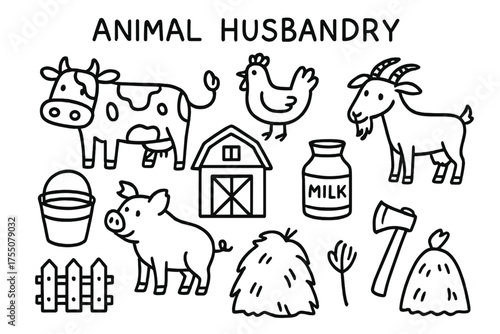 Animal Husbandry Doodles. Animal Husbandry. Hand-drawn doodle illustration Animal Husbandry cow chicken pig goat barn bucket milk jug fence haystack axe.