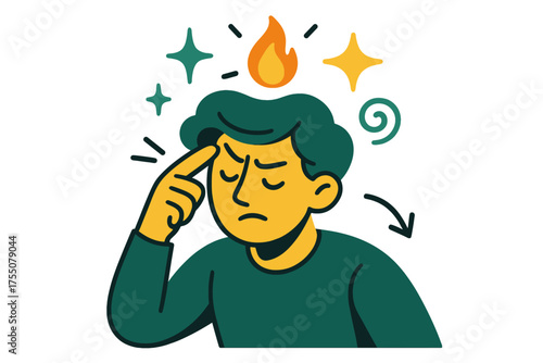 Insightful Flame & Icons. Spark of insight. Glowing small flame appearing above head of thoughtful person. Floating icons of sparkle, star, and swirl