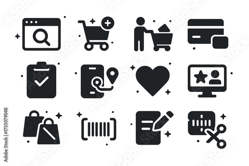 Shopping Icon Collection. Shopping Actions. Solid icons set of Shopping Actions: browsing, adding to cart, checkout, payment, order confirmation, delivery