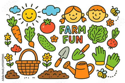 Colorful Farm Doodle. Farm Fun. Colorful Hand-drawn doodle Children illustration vegetables, basket, carrots, tomatoes, lettuce, cucumber, watering can,