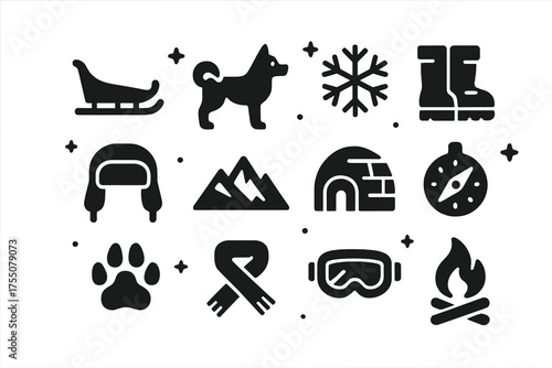 Arctic Dog Sled Icons. Arctic dog sledding. Solid icons set of Arctic dog sledding: sled, husky dog, snowflake, snow boots, fur hat, mountain, igloo, compass,