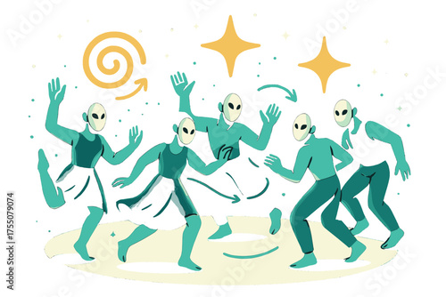 Sacred Night Dance. Sacred dance. Glowing dancers with masks moving in circle under starlit night. Floating icons of swirl, star, and sparkle symbolizing