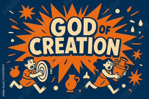 Creation's Colorful Burst. God of Creation banner, flat vector illustration, bold oversized text inside splash explosion, cartoon characters running and