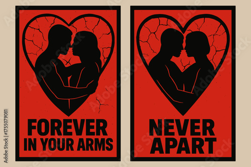 Brutalist Heart Banners. Eternal Love. Two vertical A6 banners with safe margins, centered composition, no elements touching edges, brutalist style, black and