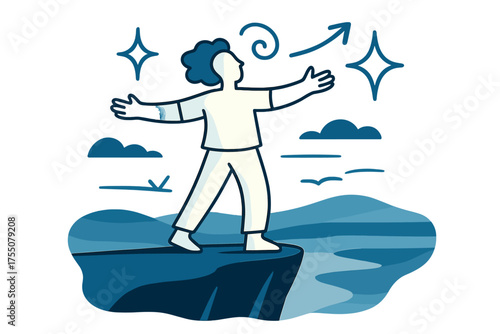 Awe at Horizon. Person standing at the edge of a cliff. Glowing figure gazing into vast horizon, arms open in awe. Floating icons of sparkle, star, and swirl