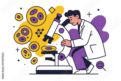 Microscopic Discovery Art. Laboratory work. Biologist studying cell structures under a microscope, abstract floating cells and geometric icons highlighting