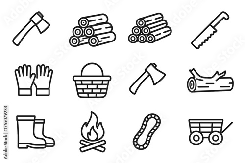 Firewood Collection Icons. Collecting firewood. Line icon set of Collecting firewood: axe, log pile, firewood stack, saw, gloves, basket, hatchet, fallen tree,