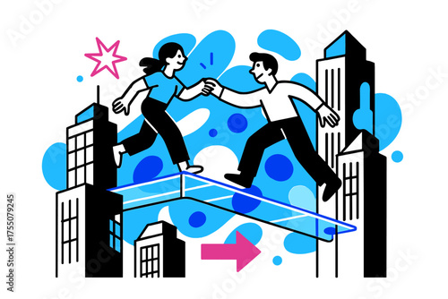 Futuristic Skyline Bridges. Sky Bridges. A glowing futuristic skyline with transparent bridges connecting skyscrapers, abstract spark and arrow icons