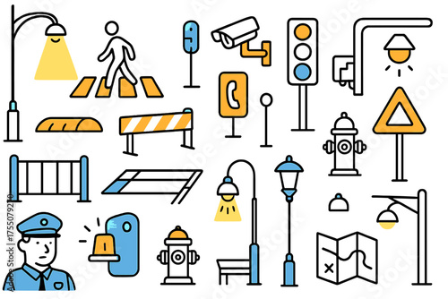 Urban Infrastructure Doodle. Urban Infrastructure. Hand-drawn doodle illustration Streetlight, crosswalk, pedestrian, traffic light, CCTV camera, road barrier,